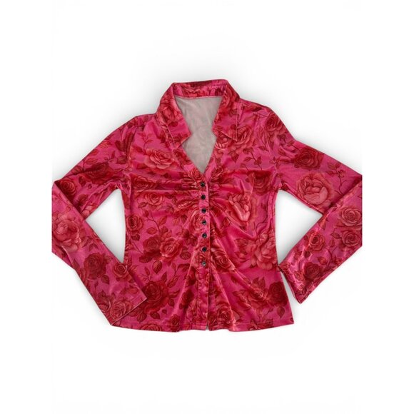 No brand Tops - NWT Y2K Pink Rose Floral Ruched Peplum Blouse Coquette L 🌹